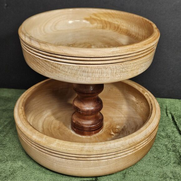 Vtg Turned Wood 2 Tier Tray Round Handmade Table Decor Serving 2 Tones Etagere - Picture 11 of 12